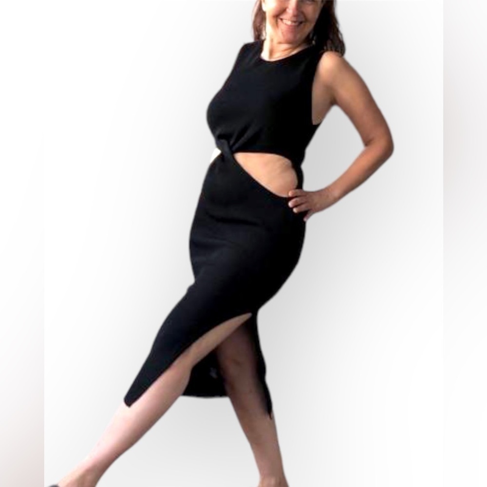 Midriff cutout Sweater Dress Cut out Waist 2 way, black, size L, side slit - Picture 3 of 7